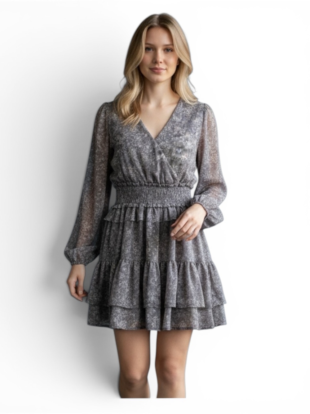 ILLA ILLA Gray Floral Smocked Midi Dress